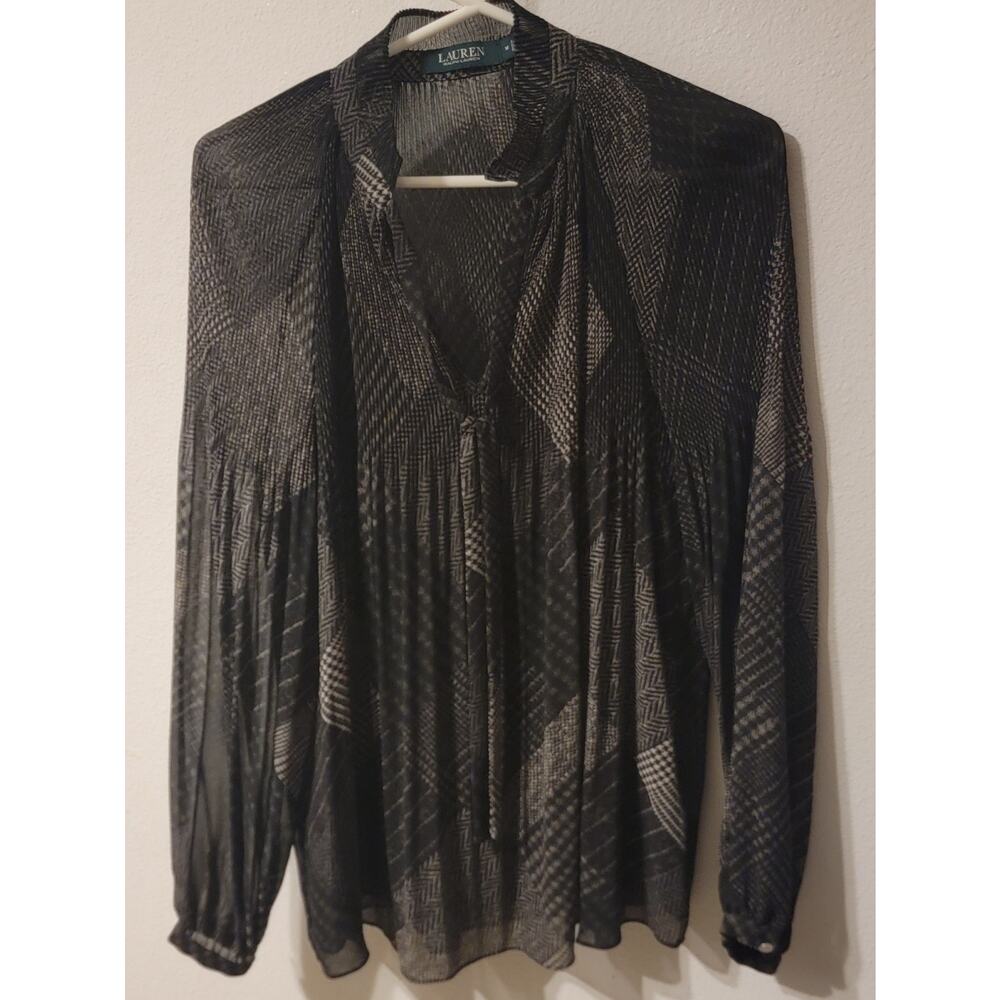 Ralph Lauren Sz Medium Black Tie Front Beautiful Light Chiffon Blouse Shirt Top